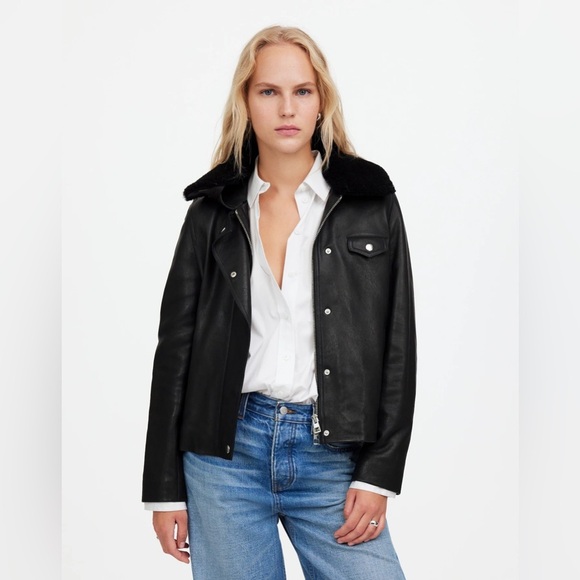 Madewell Sherpa-Collar Asymmetric Zip-Front Jacket in Leather NS382